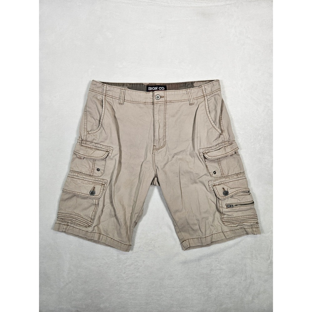 Iron Co Mens Khaki Tan Multi Pocket Cargo Shorts Size 36 Cotton Twill Rugged